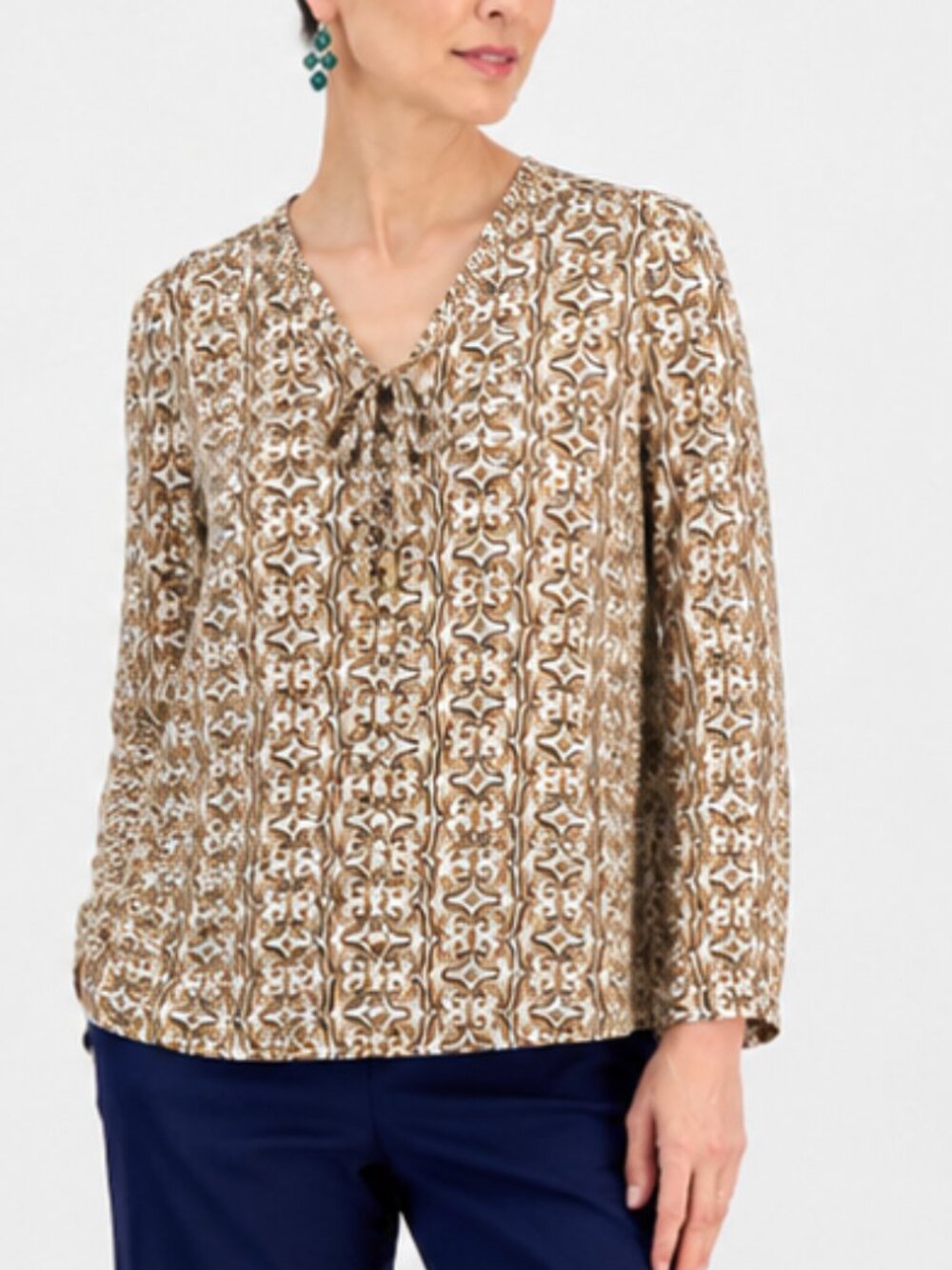 JM Collection Geometric Tie-Front Tunic